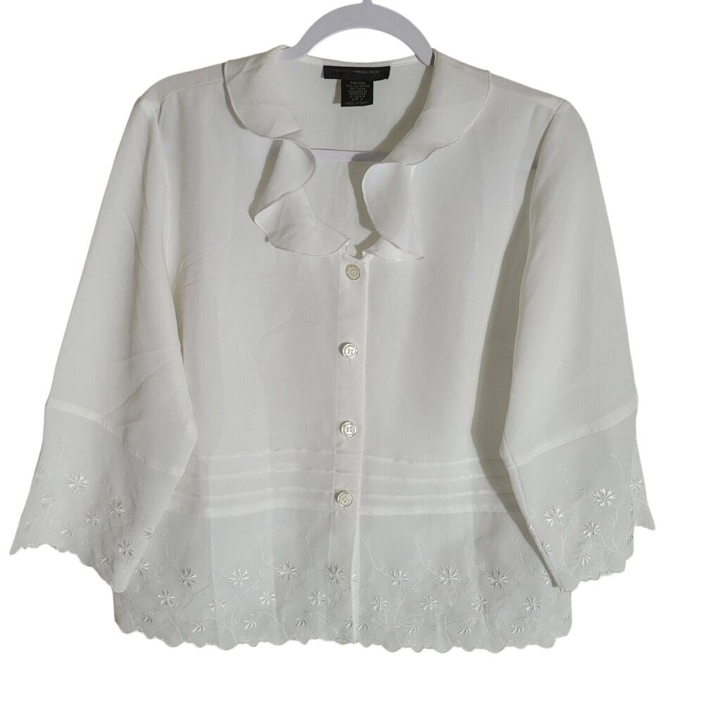 Harris Wallace Dainty Floral Embroidered Blouse Women's Size 8 White Cottagecore